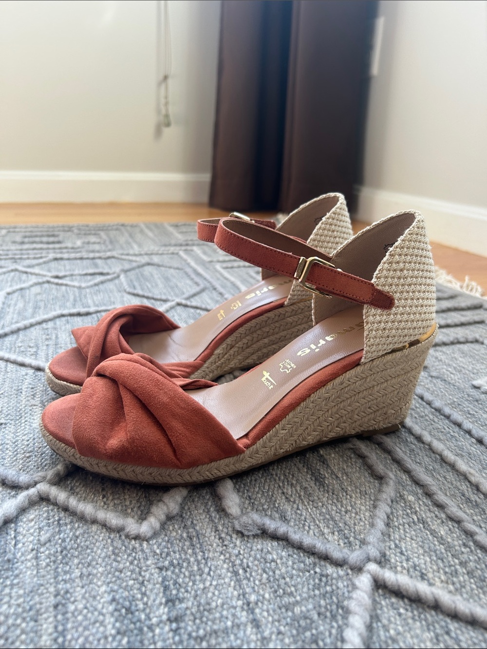 Tamaris Livian Wedge Sandals, Real Brick-Orange Suede & Jute Platform-Size 38